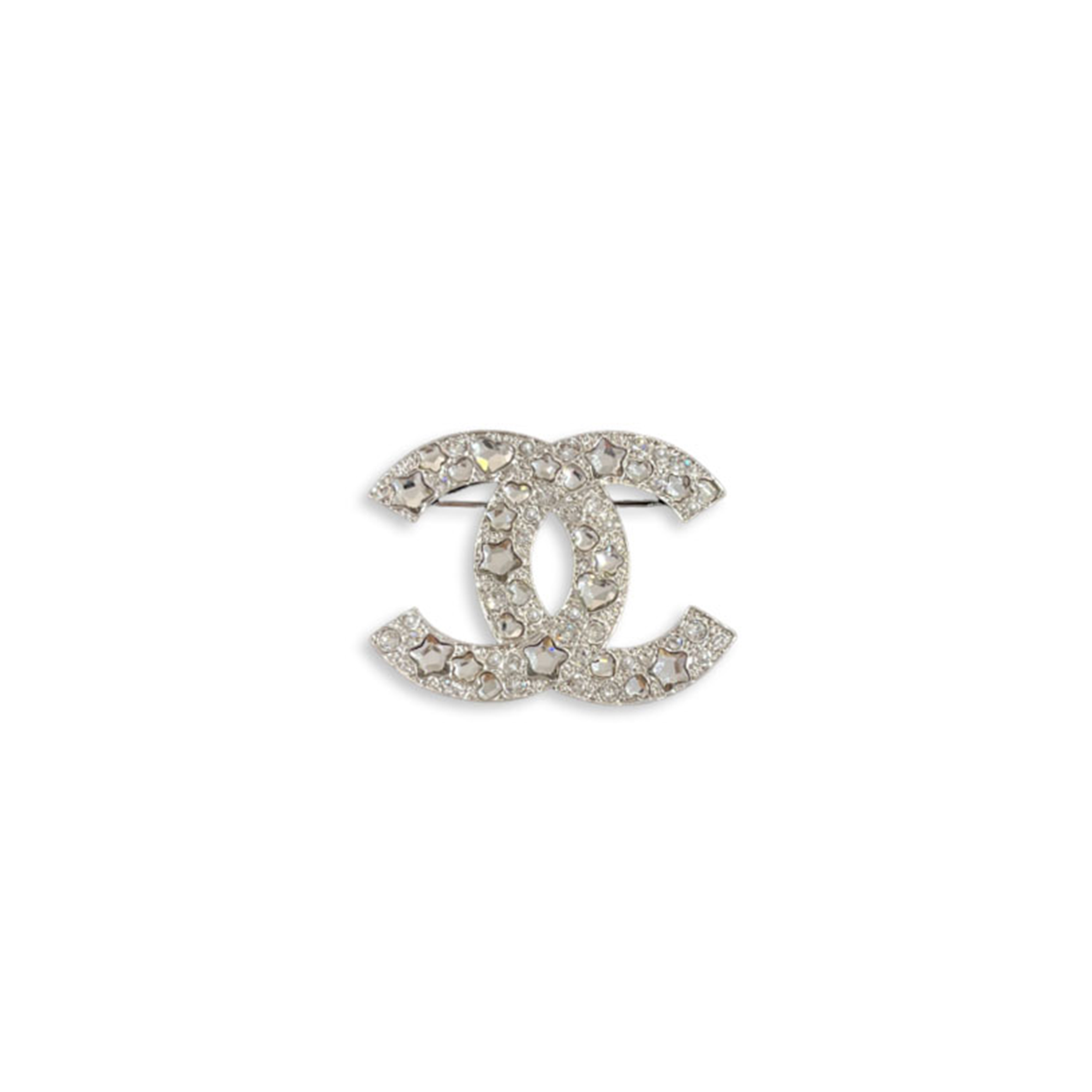 CHANEL CC SILVER BROOCH WITH ICONIC CRYSTAL 